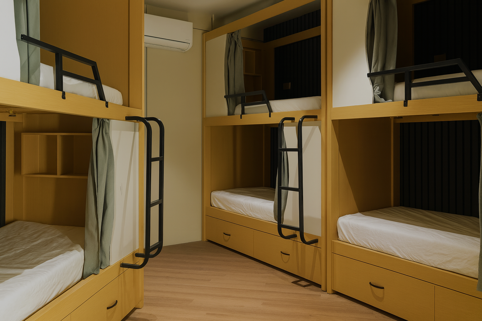 10-bed male dorm with capsule bunk beds and privacy curtains at BuenaSentro Hostel Manila.