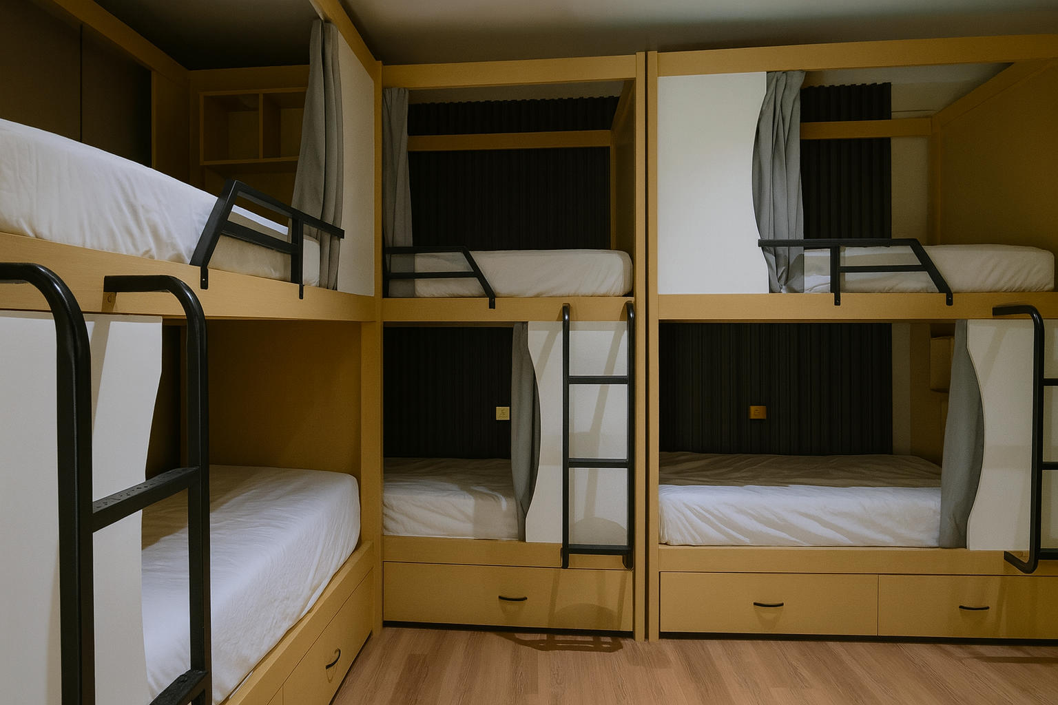 10-bed male dorm with capsule bunk beds and privacy curtains at BuenaSentro Hostel Manila.