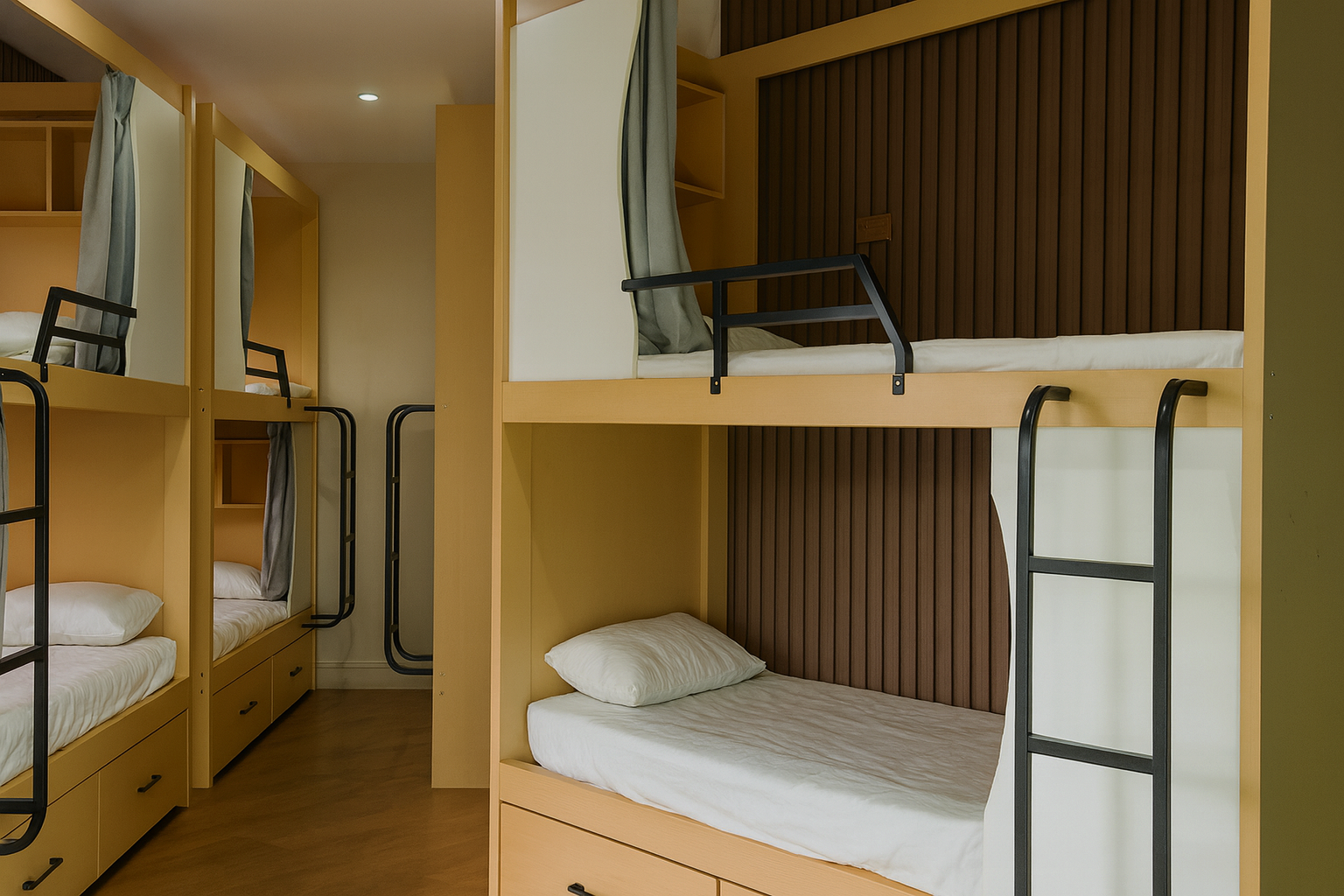 12-bed female dorm with capsule-style bunks, privacy curtains, and secure storage at BuenaSentro Hostel Manila.